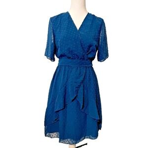 Blue Dress Sheer Lined Cross Front Polk A Dot Polyester Small Summer Lightweight